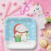 Witte kerstkat in een rood Pet Papieren Bordje (Feest)