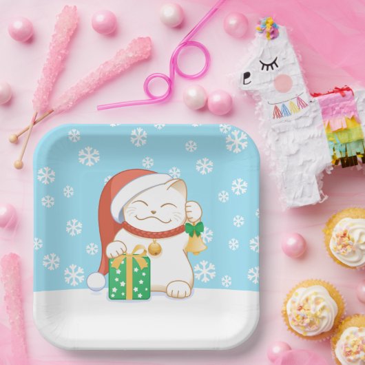 Witte kerstkat in een rood Pet Papieren Bordje (Feest)