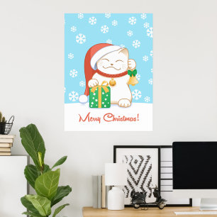 Witte kerstkat in een rood Pet Poster