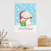 Witte kerstkat in een rood Pet Poster (Keuken)