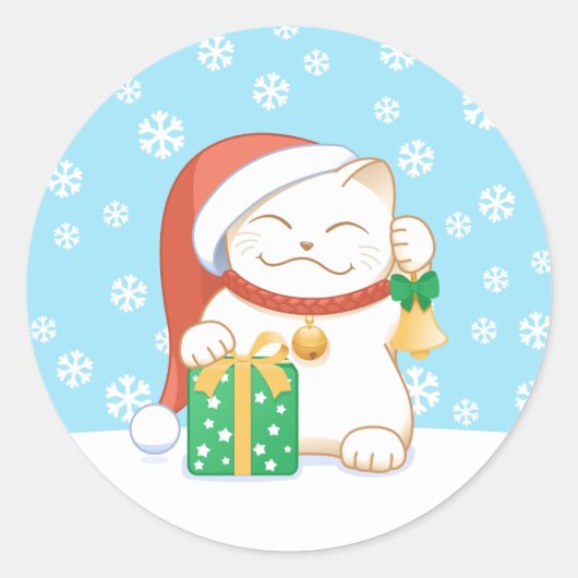 Witte kerstkat in een rood Pet Ronde Sticker (Voorkant)