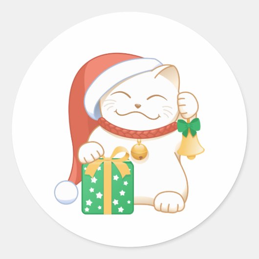 Witte kerstkat in een rood Pet Ronde Sticker (Voorkant)