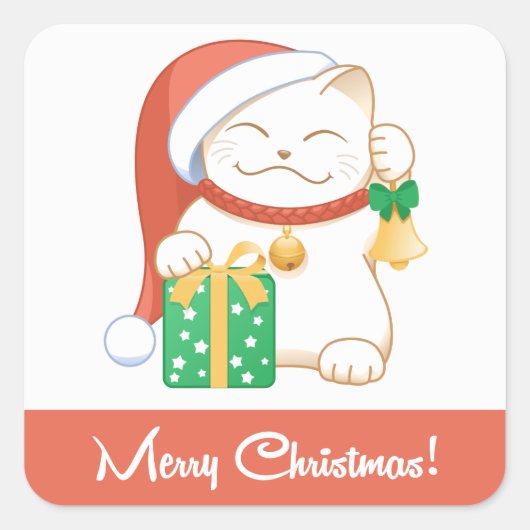 Witte kerstkat in een rood Pet Vierkante Sticker (Voorkant)