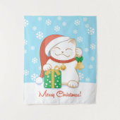 Witte kerstkat in een rood Pet Wandkleed (Voorkant)