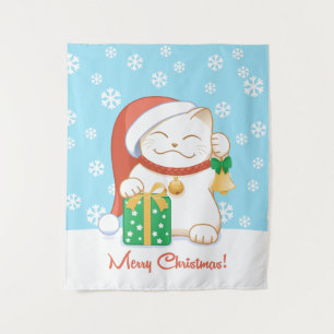 Witte kerstkat in een rood Pet Wandkleed