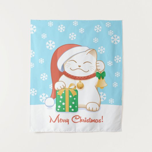 Witte kerstkat in een rood Pet Wandkleed (Voorkant)