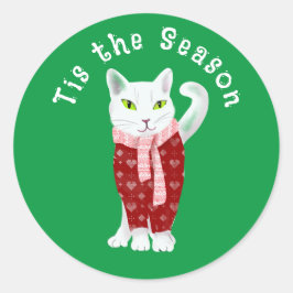 Witte Kerstkat in vakantie trui op maat Ronde Sticker