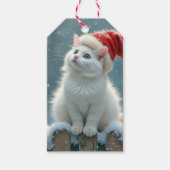 Witte Kerstkat met een kerstmuts Cadeaulabel (Voorkant)