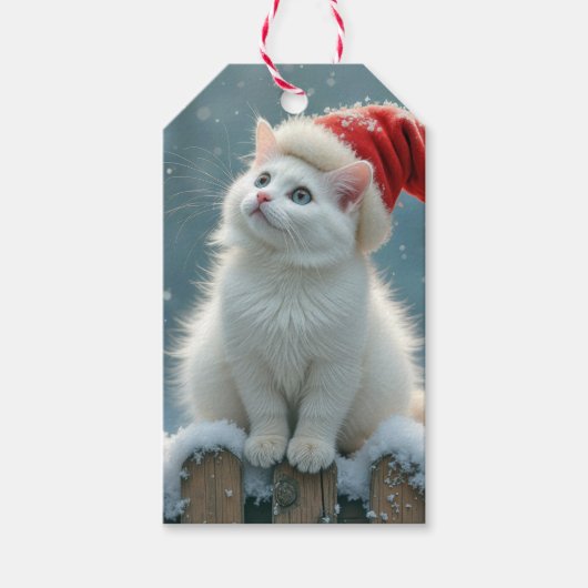 Witte Kerstkat met een kerstmuts Cadeaulabel (Voorkant)