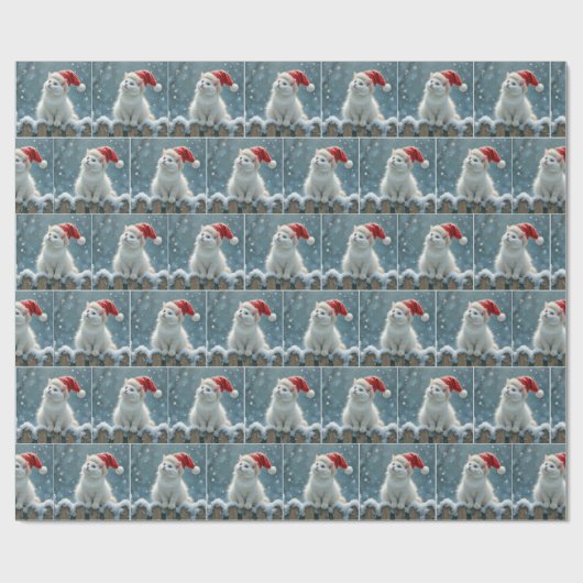 Witte Kerstkat met een kerstmuts Cadeaupapier (Vlak)