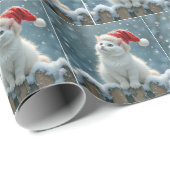 Witte Kerstkat met een kerstmuts Cadeaupapier (Rol Hoek)