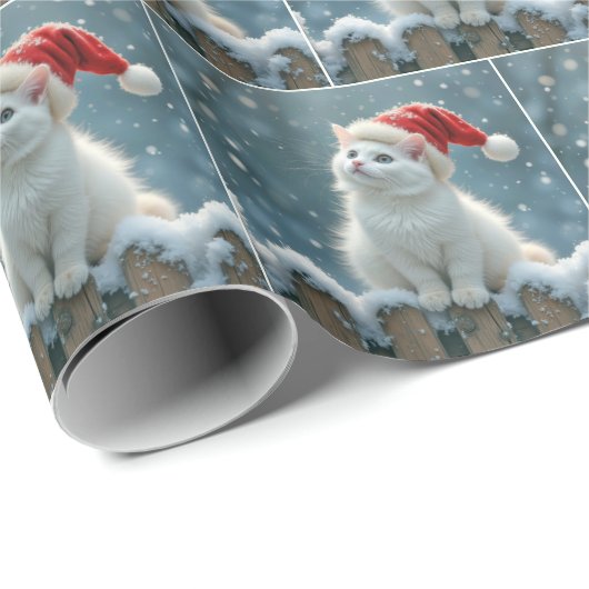 Witte Kerstkat met een kerstmuts Cadeaupapier (Rol Hoek)