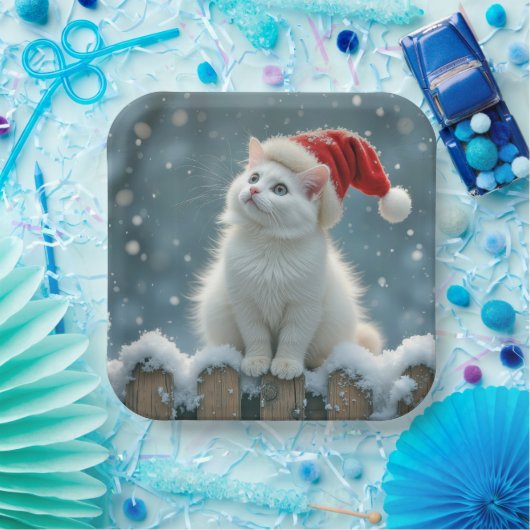 Witte Kerstkat met een kerstmuts Papieren Bordje (Feest)