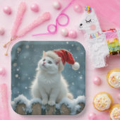 Witte Kerstkat met een kerstmuts Papieren Bordje (Feest)
