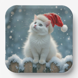 Witte Kerstkat met een kerstmuts Papieren Bordje