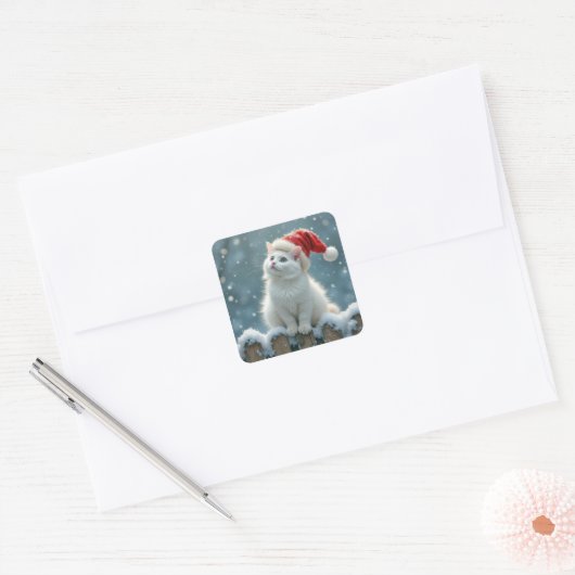Witte Kerstkat met een kerstmuts Vierkante Sticker (Envelop)