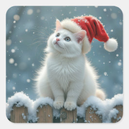 Witte Kerstkat met een kerstmuts Vierkante Sticker