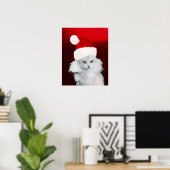 Witte Kerstkat met kerstman hoed, Rode Robijn Poster (Thuiskantoor)