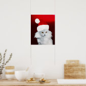 Witte Kerstkat met kerstman hoed, Rode Robijn Poster (Keuken)