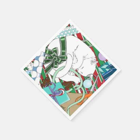 Witte Kerstkat Servet (Hoek)