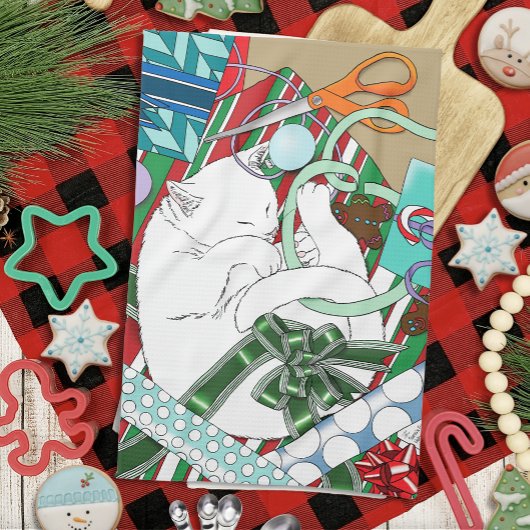 Witte Kerstkat Theedoek