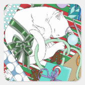 Witte Kerstkat Vierkante Sticker (Voorkant)