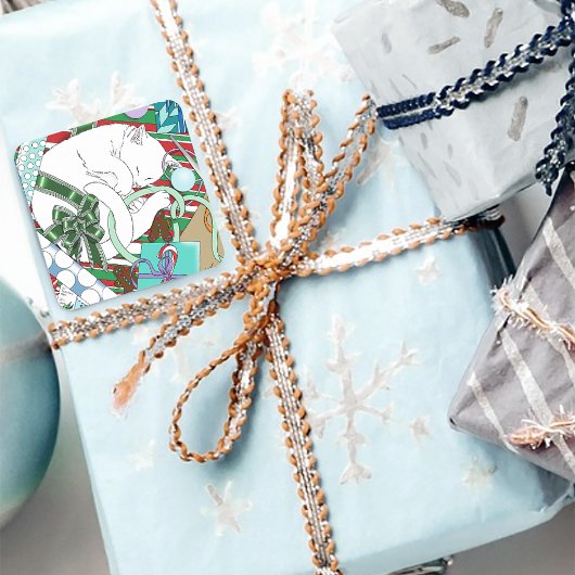 Witte Kerstkat Vierkante Sticker