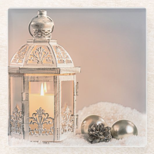 Witte kerstlantaarn en sierplanten glazen onderzetter (Voorkant)