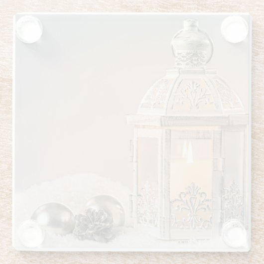 Witte kerstlantaarn en sierplanten glazen onderzetter (Achterkant)