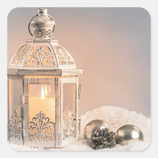 Witte kerstlantaarn en sierplanten vierkante sticker (Voorkant)