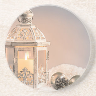 Witte kerstlantaarn en sierplanten zandsteen onderzetter