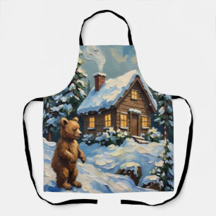 Witte Kerstmis Beerwelp bij Houten Denneboomhut Schort
