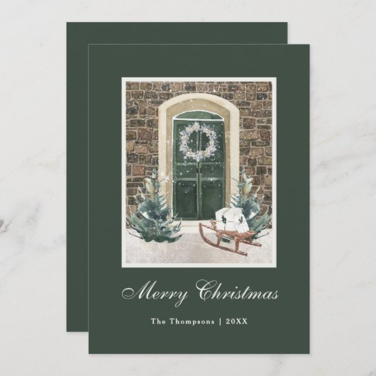 Witte Kerstmis Deur Donkergroen Feestdagenkaart (Voorkant / Achterkant)