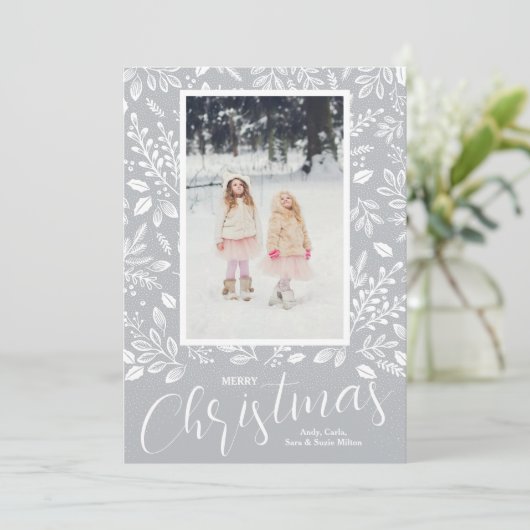 Witte Kerstmis Grijs Foto Feestdagenkaart (Staand voorkant)