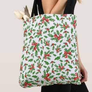 Witte Kerstmis groene hulstblaadjes rode bessen Tote Bag