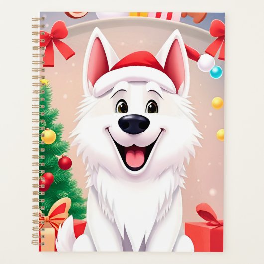 🎁Witte Kerstmis Hond Kerstman Hoed Cadeaubon Idee Planner (Voorkant)