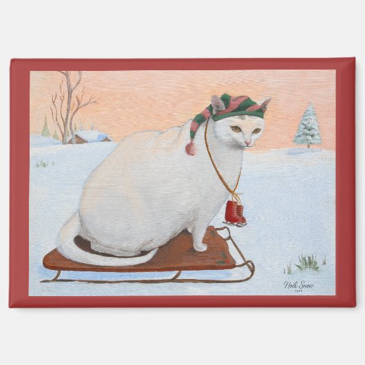 Witte Kerstmis Vakantiekat in Sneeuw Magneet (Voorkant)