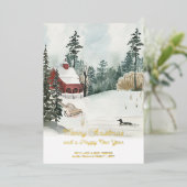 Witte Kerstmis Waterverf Winterlandschap Gold Folie Feestdagenkaart (Staand Voorkant)