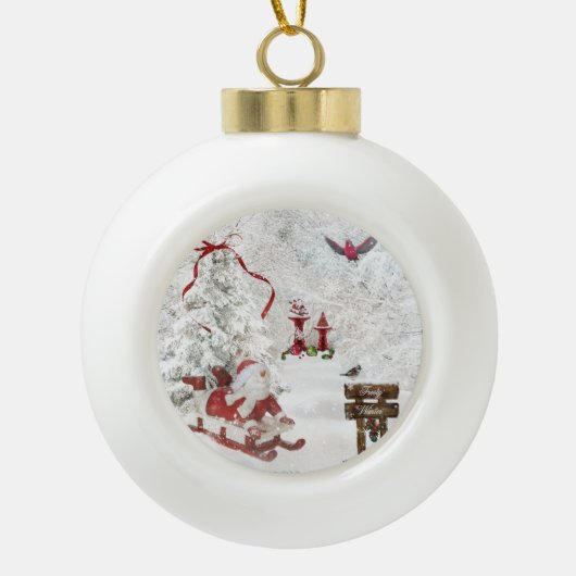 Witte kerstornament Snowman Sled Kardinaal Keramische Bal Ornament (Voorkant)