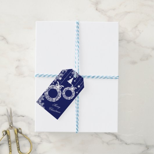 Witte kerstornament Wreath on Blue Cadeaulabel (Met Touw)