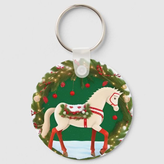 Witte Kerstpaard met Festieve Krans Sleutelhanger (Voorkant)