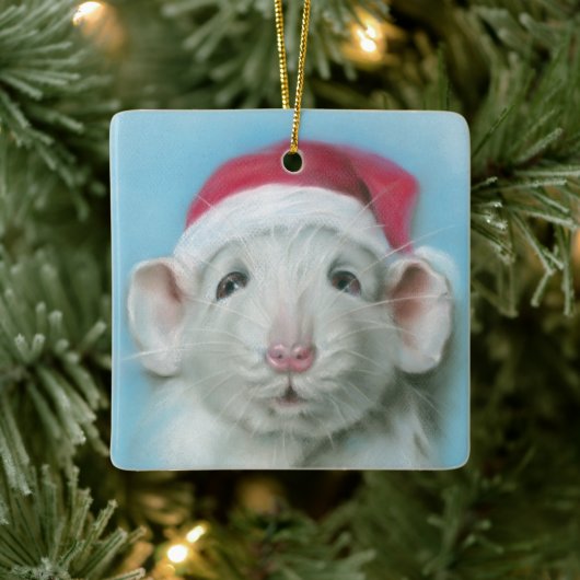 Witte kerstritje met een Santa Hat Pastel Art Keramisch Ornament (Boom)