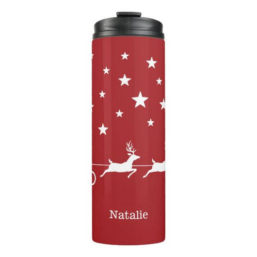 Witte kerststijl en aangepaste naam op rood thermosbeker (Voorkant)