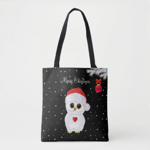 Witte Kerstuil op Zwart Tote Bag