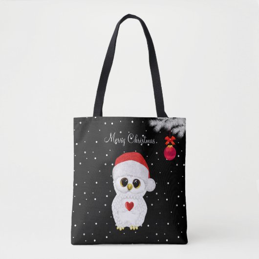 Witte Kerstuil op Zwart Tote Bag (Voorkant)