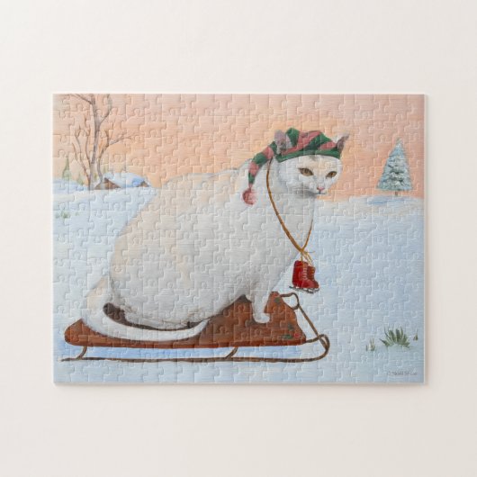 Witte kerstvakantie kat in de sneeuw legpuzzel (Horizontaal)