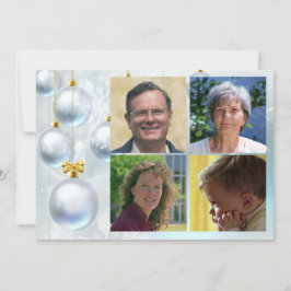 Witte kerstversiering en vier foto's feestdagenkaart