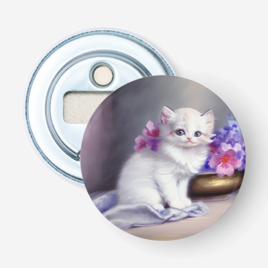  Witte Keuten met Roze en Paars Bloemen Button Flesopener (Voorkant)