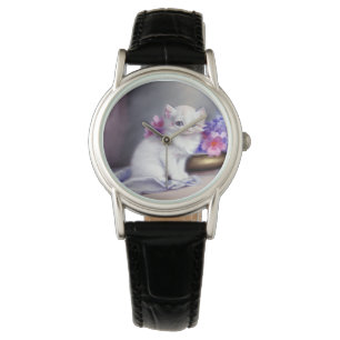  Witte Keuten met Roze en Paars Bloemen Horloge