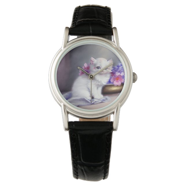 Witte Keuten met Roze en Paars Bloemen Horloge (Voorkant)